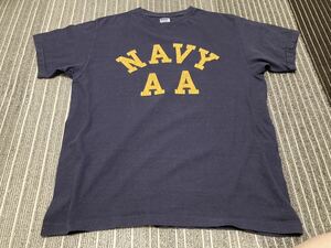 日本製 WAREHOUSE ウエアハウス NAVY AA 42 44 XL ダブルワークス ラバー プリント ひび割れ ネイビー Tシャツ ビンテージ USA L