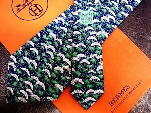 ★並品★4R01243【HERMES】エルメス「葉っぱ 植物 柄」ネクタイ