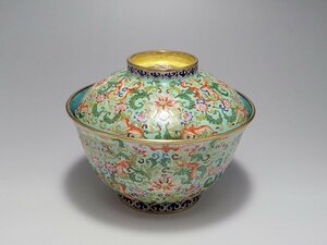 古七宝焼 折枝花紋蝠紋図 茶碗「乾隆年製」銘 時代唐物 幅約11cm / 明清時代 盃 小碗 杯 盞 小鉢 茶道具 煎茶道具 酒器 人間国宝 李朝 高麗