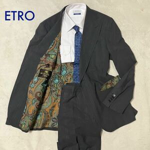 ETRO エトロ スーツ セットアップ 希少1B ストライプ ダークグレー 裏地 総柄 ペイズリー 襟裏地 イエロー 極上リネン100%配合 サイズ48