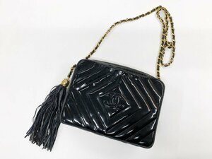 中古品 CHANEL シャネル ダイヤステッチ エナメル ショルダーバッグ 鞄 チェーンバッグ パテント フリンジ ブラック ココマーク