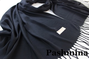 新品 アウトレット【Pashmina パシュミナ】無地 Plain 大判 ストール BLACK 黒 ブラック Cashmere カシミア100%