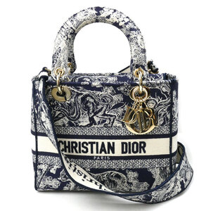 Christian Dior クリスチャンディオール Lady D-Lite ミディアム 2Wayショルダーバッグ ネイビー ホワイト M0565ORGO M928 中古 美品