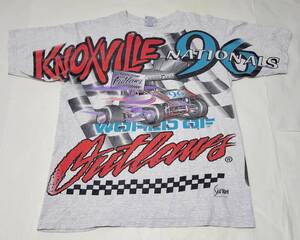 96年 材料USA製 ドラッグレース フルプリントTシャツ Lサイズ 90年代 90s 材料 アメリカ製 ビンテージ Nascar ナスカー 杢グレー