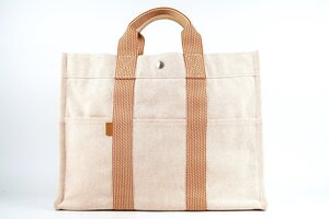 【超美品】HERMES エルメス ニューフールトゥMM ハンド トートバッグ キャンバス オレンジ系 ブランド鞄【MA44】