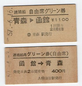 国鉄　青函連絡　函館、青森駅発行　自由席グリーン券　S５０，５７年　