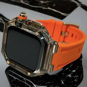 TBO☆クリアブラック オレンジ☆アップルウォッチバンド ラバーベルト カバー　Apple Watch クリア ケース 40mm 41mm 44mm 45mm 4ネジ