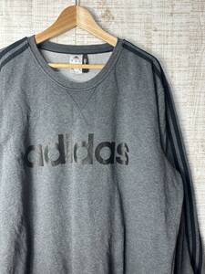 ☆超ビッグサイズ US古着 adidas アディダス スウェット プリント 袖ライン スポーツ ウェア グレー【2XL/XXL】コットン　　　 ◆4824◆