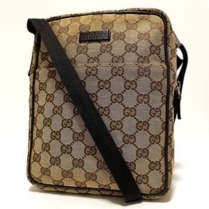 【0976】GUCCI グッチ ショルダーバッグ クロスボディ GGキャンバス×レザー 斜め掛け 肩掛け メンズ レディース ベージュ ブラウン