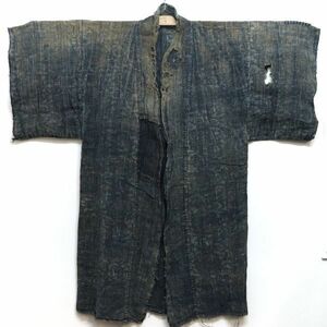 3721A9◆ボロ麻襤褸/夜着・どてら◆藍染/型染◆古布◆アンティーク着物◆ヴィンテージ◆AIZOME BORO JAPAN VINTAGE CLOTHING