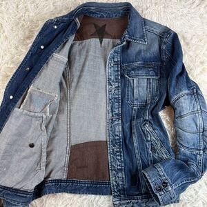 希少デザイン/極美品/Sサイズ相当● DIESEL ディーゼル /粋な男の勝負服/デニムジャケット 刺繍 ダメージ加工 ロゴ刻印ボタン 胸ロゴ