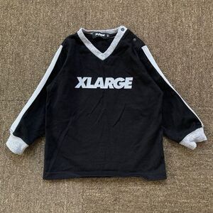 X-LARGE KIDS エクストララージ キッズ ロンT 90 ブラック コットン Ｖネック 長袖 Tシャツ 長袖カットソー 黒 ビッグロゴ