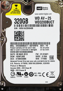 Western Digital WD AV-25 WD3200BUCT-63TWBY0 2.5インチ 9.5mm SATA300 320GB 10689回 9749時間