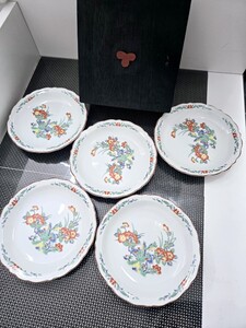 T★★未使用　美品　1円スタート★★初期柿右衛門 花鳥文 六寸皿　写し約19㎝×5枚　有田焼　 食器