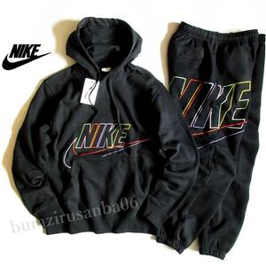 メンズ L ◆未使用 NIKE ナイキ スウェット 裏フリース 上下 カラフルロゴ刺繍 プルオーバー フーディー パーカー パンツ セットアップ