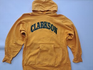 80s プリントタグ CLARKSON Champion REVERSE WEAVE XL チャンピオンリバースウィーブパーカー スウェット アーチロゴ イエロー　黄×緑