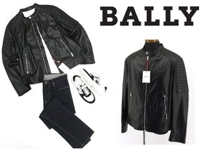 38万新品◆54=XXL◆BALLY バリー 上質ラムレザー キルティングディティール切り替え フロントジップ型バイカージャケット 黒 1円