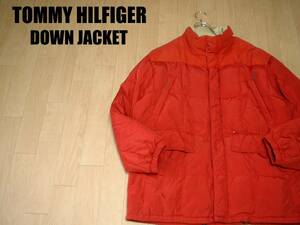 TOMMY HILFIGERワンポイント刺繍ダウンジャケットL差し色レッド正規トミーヒルフィガー赤DOWN JACKET羽毛ブルゾン定価39,000円