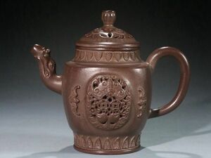 古びた蔵『明 陳仲美製 陶磁器 紫砂急須 龍嘴鏤空蓋宮燈紫砂茶壺』極細工 急須 茶道具 古賞物 古美術 中国古玩