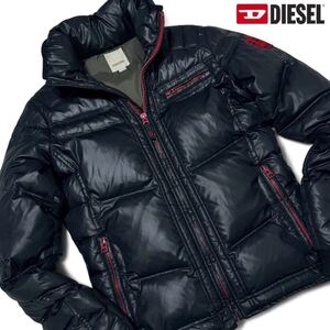 極美品/L相当●DIESEL ディーゼル 極暖 ダウンジャケット ライダース ブルゾン 肉厚 軽量 シャイニー 光沢ネイビー 紺 内側グリーン 袖ロゴ