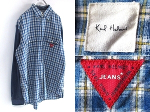 Karl Helmut カールヘルム JEANS/ロゴワッペン コットン天竺切替 インディゴ チェックシャツ L 藍色 青 ブルー ピンクハウス カネコイサオ