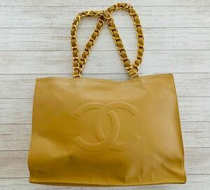 CHANEL シャネル 太チェーントートバッグ デカココマーク ヴィンテージ ショルダーバッグ ラムスキン レディースゴールドチェーン ベージュ