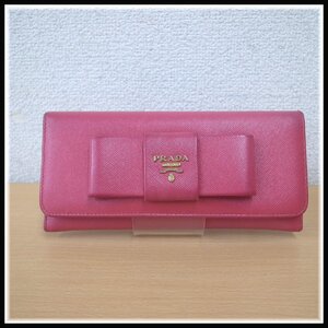 C081T 【本物保証】 PRADA プラダ　二つ折り長財布　リボン　サフィアーノ　ピンク　