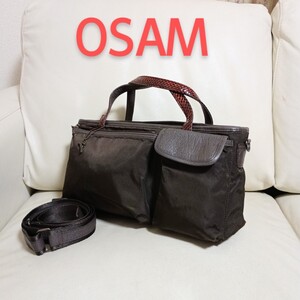 良品【OSAM オサム】2way ハンドバッグ ショルダーバッグ ナイロン レザー パイソン 型押し ブラウン レッド