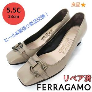 良品Ferragamo【フェラガモ】ガンチーニ スクエアトゥ パンプス グレー