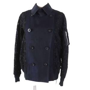 美品◎Sacai サカイ 16-02428 Paisley Cut Work Jacket 異素材 切替 ダブルジャケット ネイビー ブラック 1 日本製 正規品 レディース