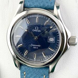 【1円〜】OMEGA オメガ 腕時計 レディース SEAMASTER シーマスター 120m ブルー文字盤 ラウンドフェイス 三針 デイト 可動品
