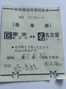 マルス券 国鉄 新幹線指定席回数券 乗車券 東京都区内 から 名古屋市内 上野駅発行 昭和62年6月30日 鉄道 切符 昭和レトロ 古い切符