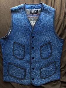 【極美品】RRL INDIGO BEACH CLOTH BADGETT VEST ダブルアールエル ビーチクロス インディゴ ベスト 刺し子 ラルフローレンS