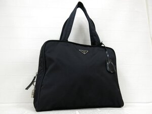 ◆超美品◆PRADA プラダ◆三角ロゴプレート◆ナイロン カーフ レザー 本革◆トート バッグ◆ブラック SV金具◆イタリア製◆腕掛け◆A8959