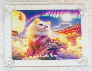 【2L】ネコ日本帝国 39 神社と白猫 絵画イラストオリジナル原画 Cat Empire Shrine white cat painting original art