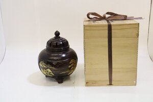 香炉 高級紫檀 金蒔絵 山水之図 雲龍作 中古品現状で