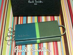 032①　新品本物即決　ポールスミス　Paul Smith　牛革　ブロックストライプ　4連　キーケース　テールリング付き　箱付き