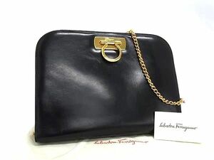 1円 ■美品■ Salvatore Ferragamo フェラガモ P210587 ガンチーニ レザー チェーン ショルダーバッグ レディース ブラック系 FH1055