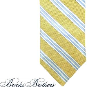 送料290円~Brooks Brothersストライプ(レジメンタル)シルクネクタイ黄色×水色×白STAIN RESISTANT絹イエロー系ブルックス ブラザーズUSA製