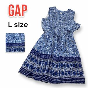 GAP ギャップ ノースリーブワンピース レディース Lサイズ 青 ブルー 総柄 花柄 柄ワンピース ポリエステル