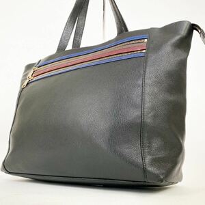 1円〜美品◆ポールスミス Paul Smith トートバッグ オールレザー マルチストライプ 大容量 メンズ ビジネス A4可 ブラック 通勤 ショルダー