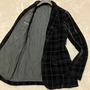 ◎美品 高級 シルク 希少XL相当◎ 黒タグ GIORGIO ARMANI ジョルジオ アルマーニ ベロア テーラードジャケット チェック柄 光沢 メンズ