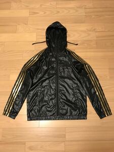 美品☆adidas／アディダス CLIMAPROOF M大き目　極薄手ナイロン・ハニカムリップストップ地 パーカ BIGロゴワンポイン フーディジャケット