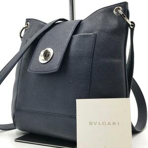 極美品●BVLGARI ブルガリ ショルダーバッグ ボディバッグ ウエストポーチ ターンロック金具 レザー ネイビー ビジネス メンズ レディース