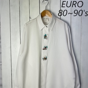 sh●681 EURO古着 80s～90s 刺繍入り 比翼チロルシャツ・ブラウス 白 L～XL オールド ヴィンテージ レーヨン ユーロ ヨーロッパ古着 長袖