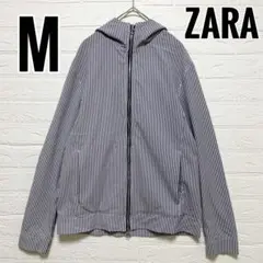 ZARA パーカー　薄手　ストライプ　青　白　ジップアップ　リング　【M】