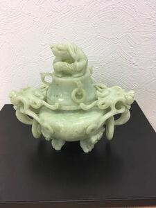 香炉 翡翠 置物 中国美術 龍 三足香炉 中国 高さ約16cm 長期保存品 現状渡し ◆