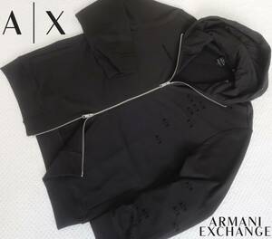 新品★アルマーニ★オーバーサイズ★オーガニック ブラック パーカ★前開き カットソー★17 ロゴ★アウター 黒 XL★AX☆414