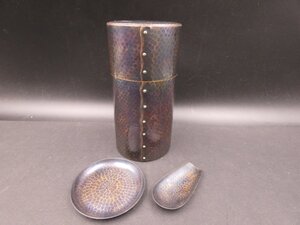 ★☆玉川堂 鎚起銅器 長手鋲打茶筒 18.3cm高 / 急須台 / 茶匙 煎茶道具 無箱品3点おまとめ☆★