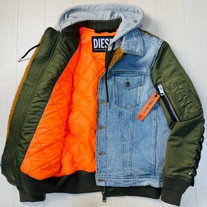 未使用並/Mサイズ★ディーゼル/DIESEL デニム切替 ドッキング フライトジャケット MA-1 フード付 ブルゾン ロープ編み 中綿 メンズ カーキ